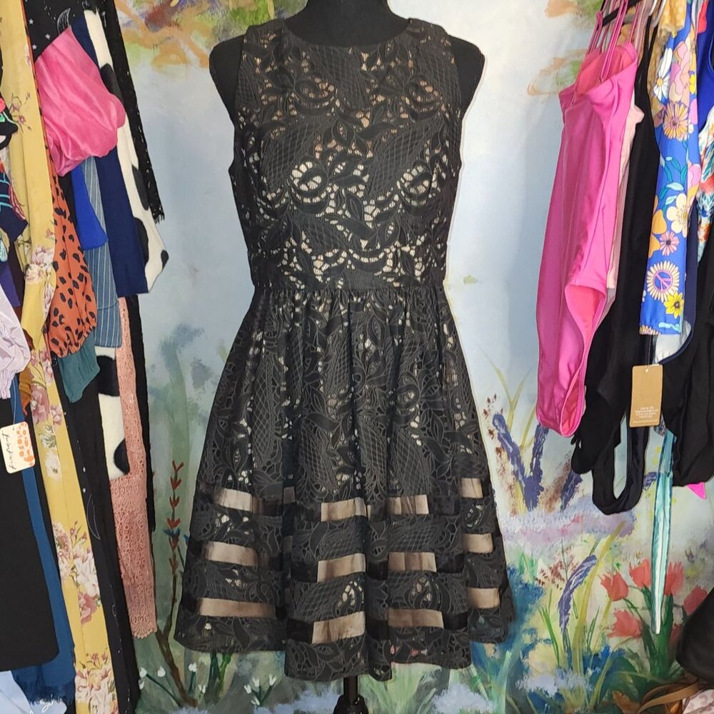 EUC Eliza J Black Lace with Mesh with Champagne Colored Liner
